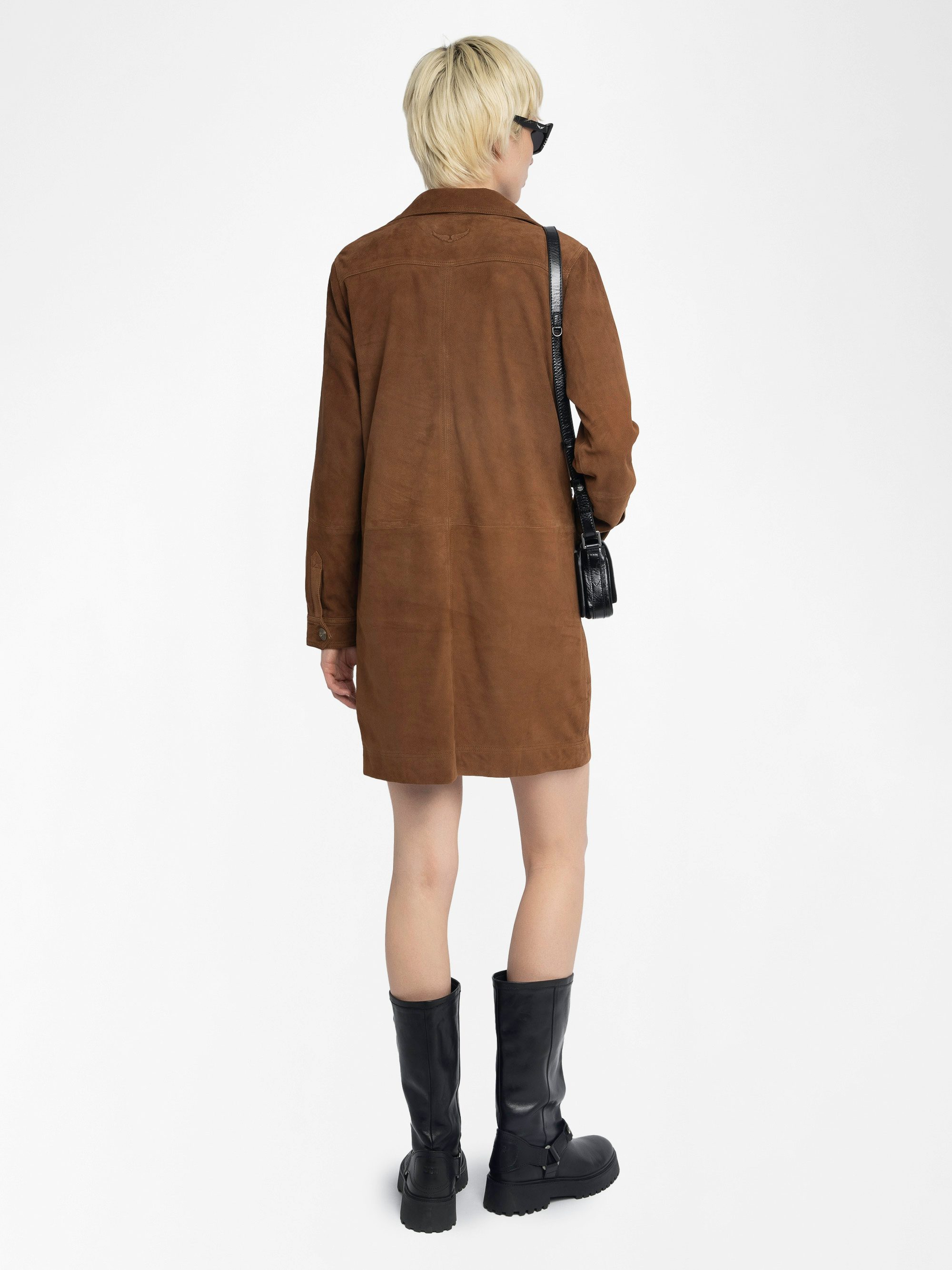 Remacha Suede Leather Dress - Short dress in suede, long sleeves, multi pockets and lace-up neckline.